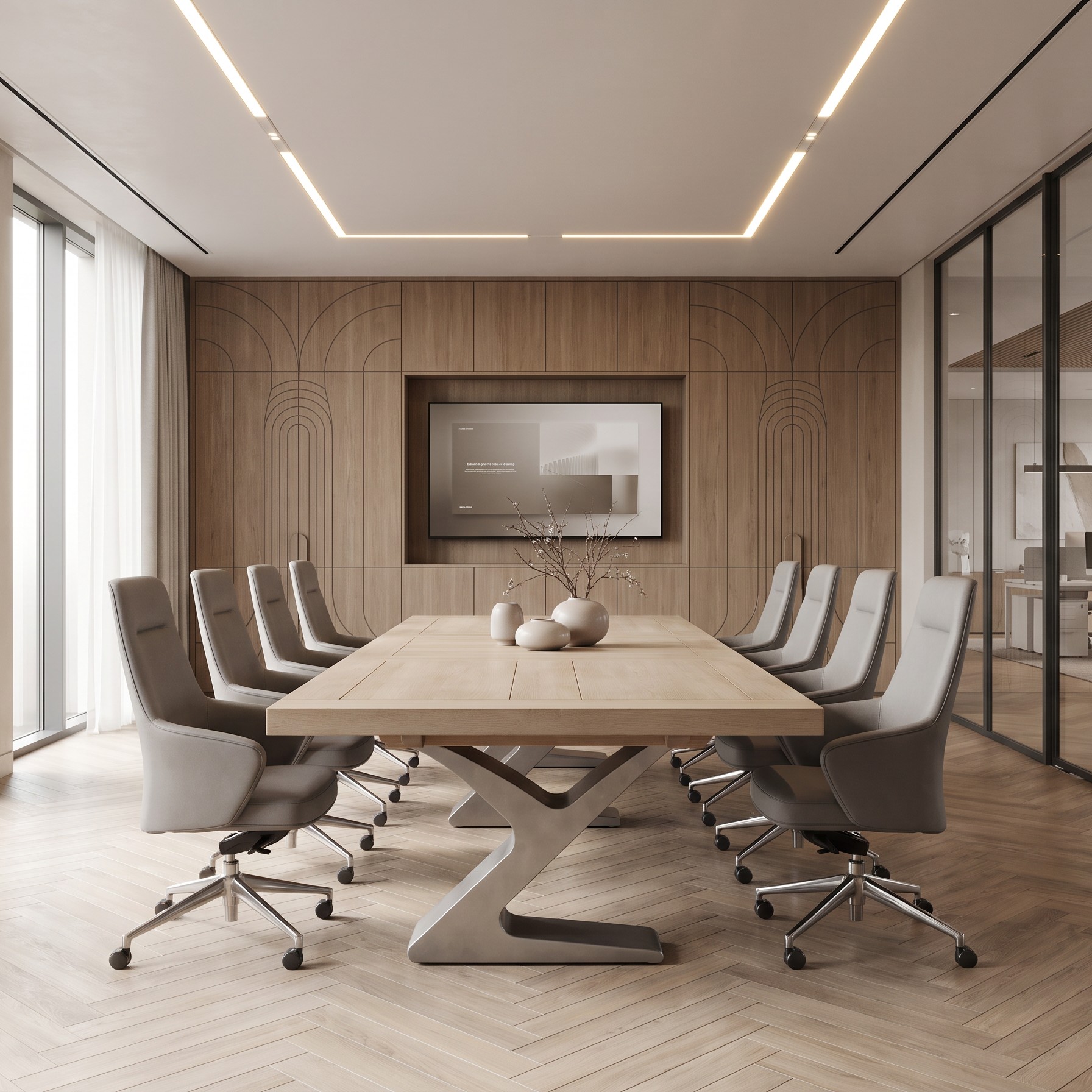Quinn Extendable Table Styled as a Contemporary Boardroom Table The Quinn Extendable Table styled in a contemporary boardroom, demonstrating how its generous proportions, architectural metal base and extendable design can transition effortlessly from dining room to meeting space.