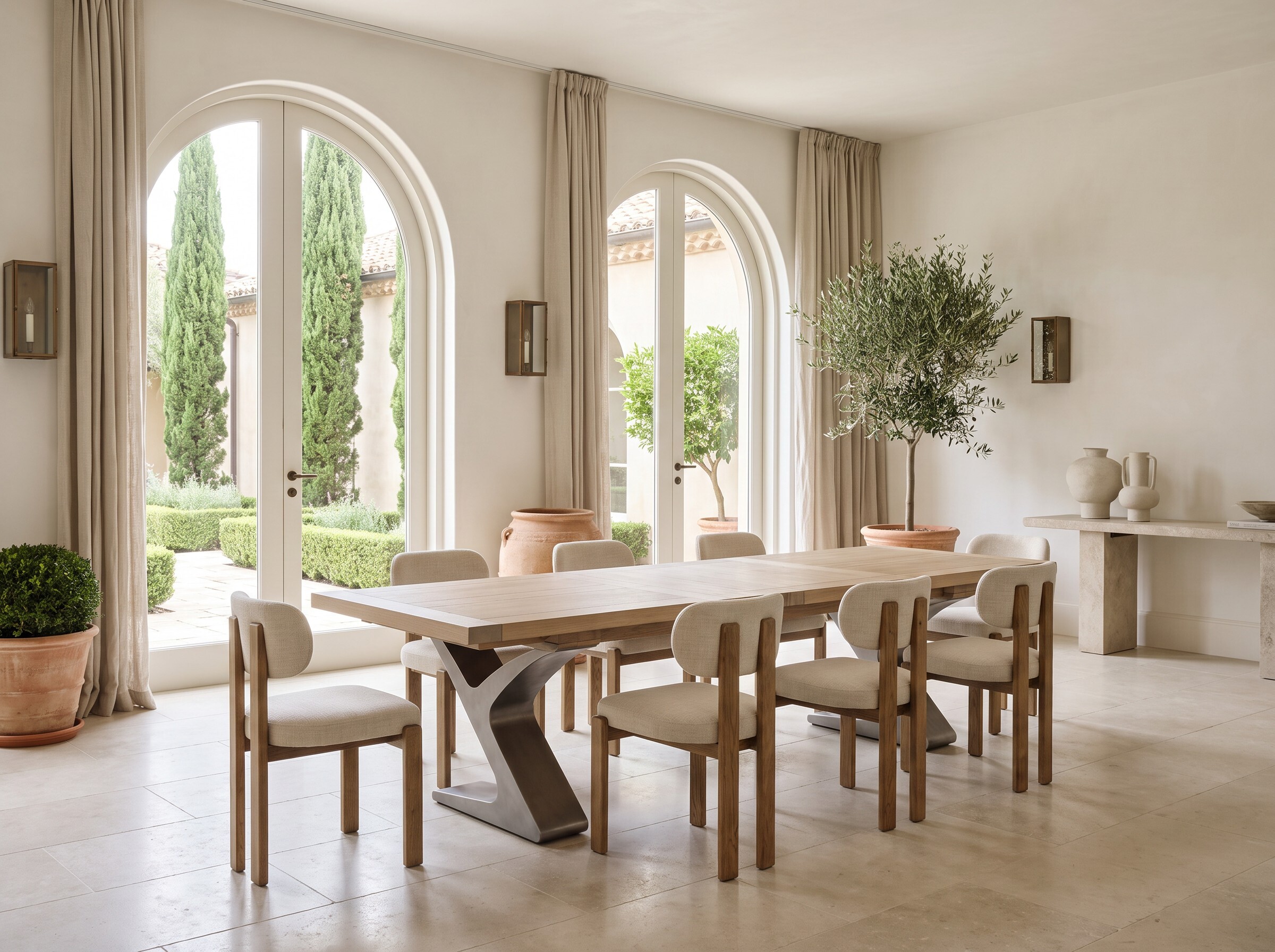 Quinn Extendable Dining Table in Contemporary Dining Room The Quinn Extendable Dining Table styled in a light filled contemporary dining room, showcasing its architectural metal base, timber top and generous proportions for modern dining and entertaining.