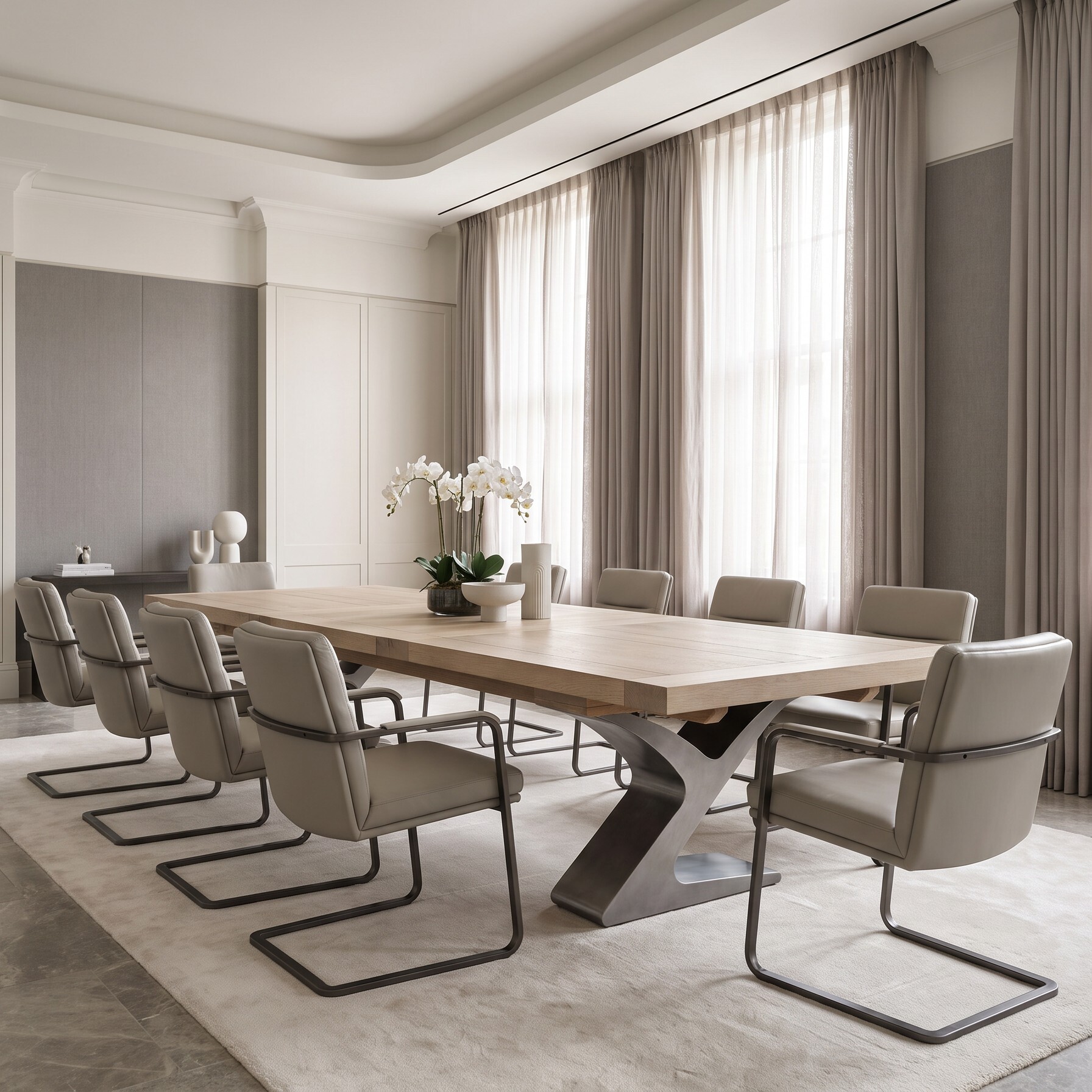 Large Quinn Extendable Table in Modern Meeting Room The Quinn Extendable Table creates a striking centrepiece in a modern meeting room, combining the warmth of a timber top with a sculptural metal base and generous seating capacity.