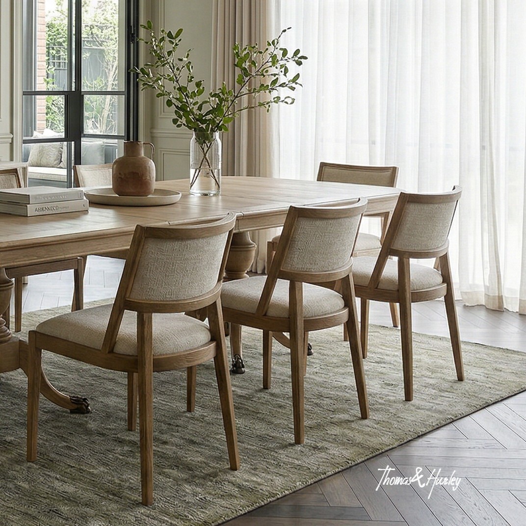 Argent dining chair in premium textured natural upholstery with natural timber legs and curved contemporary silhouette