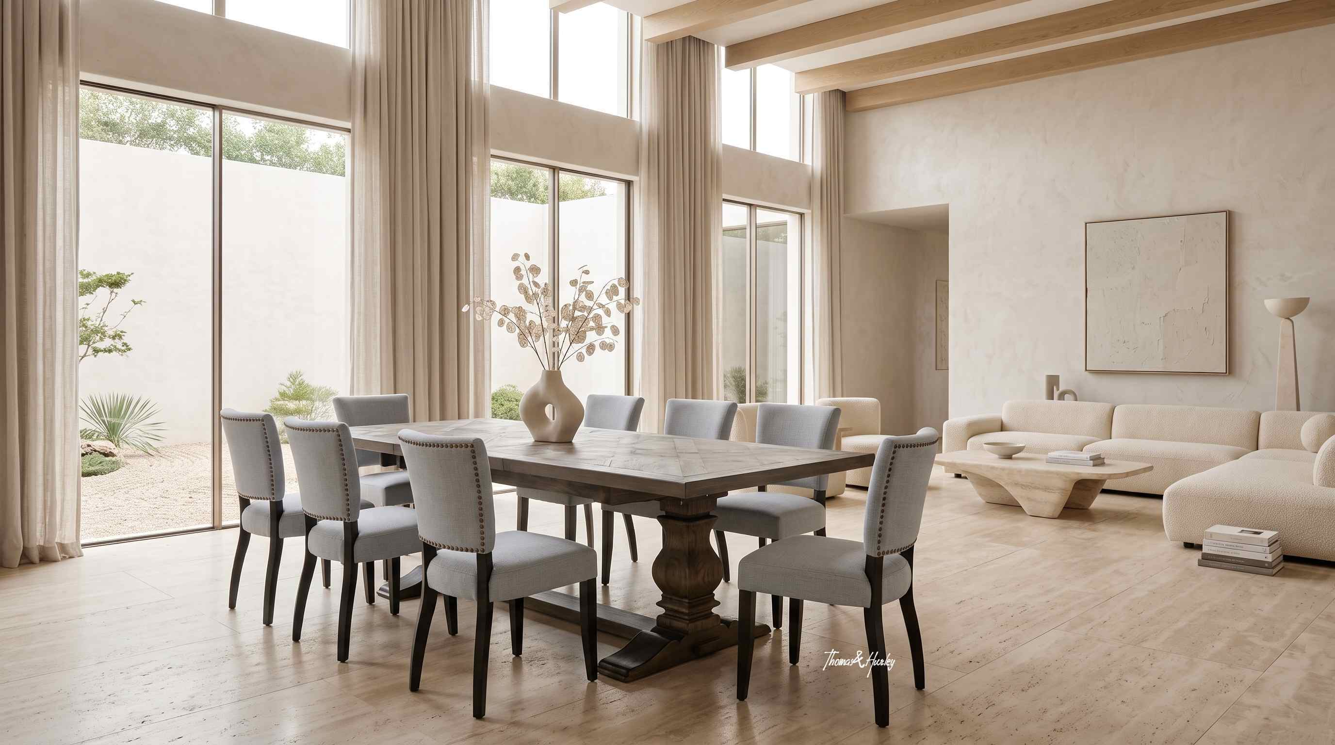 Darcy Oak Parquetry Double Extension Dining Table with Darcy Upholstered Dining Chair in Hampton Blue