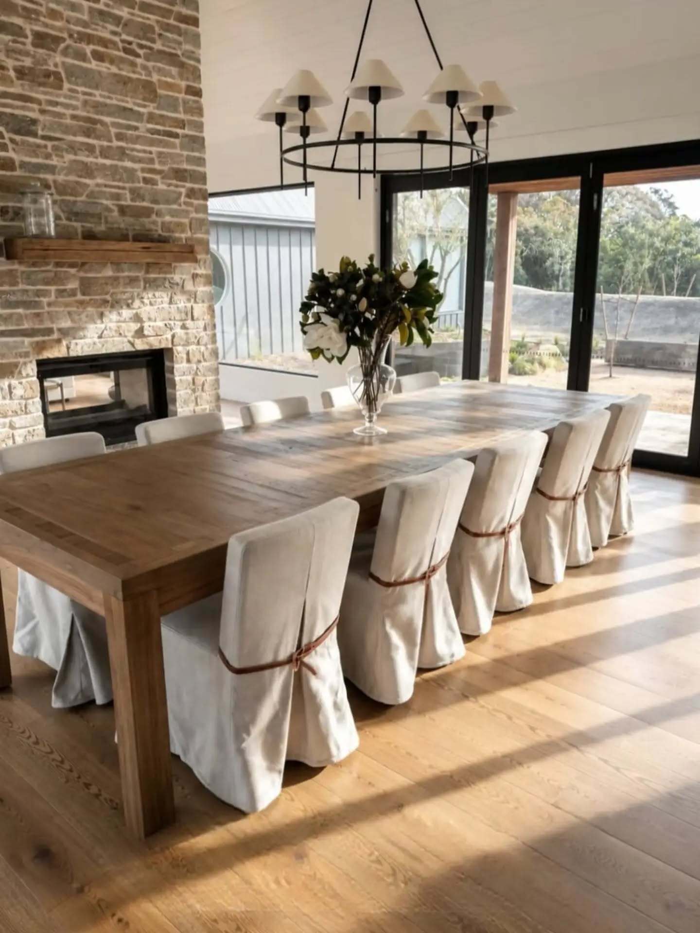 Hartford Oak Parquetry Dining Table Banquet 350cm with Carlyle Upholstered Dining Chair with Slipcover and Leather Tie