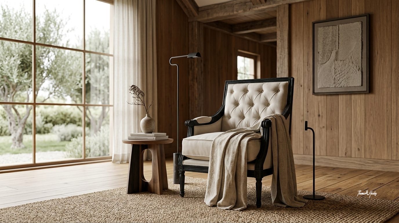 Pembroke Occasional Armchair in Black Oak Pembroke tufted armchair in cream upholstery with black oak frame