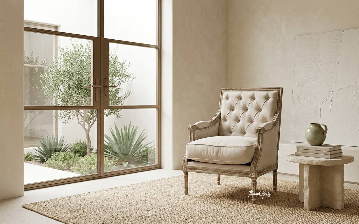 Pembroke Occasional Armchair in Weathered Oak Pembroke Tufted Cream Armchair with Weathered Oak Frame