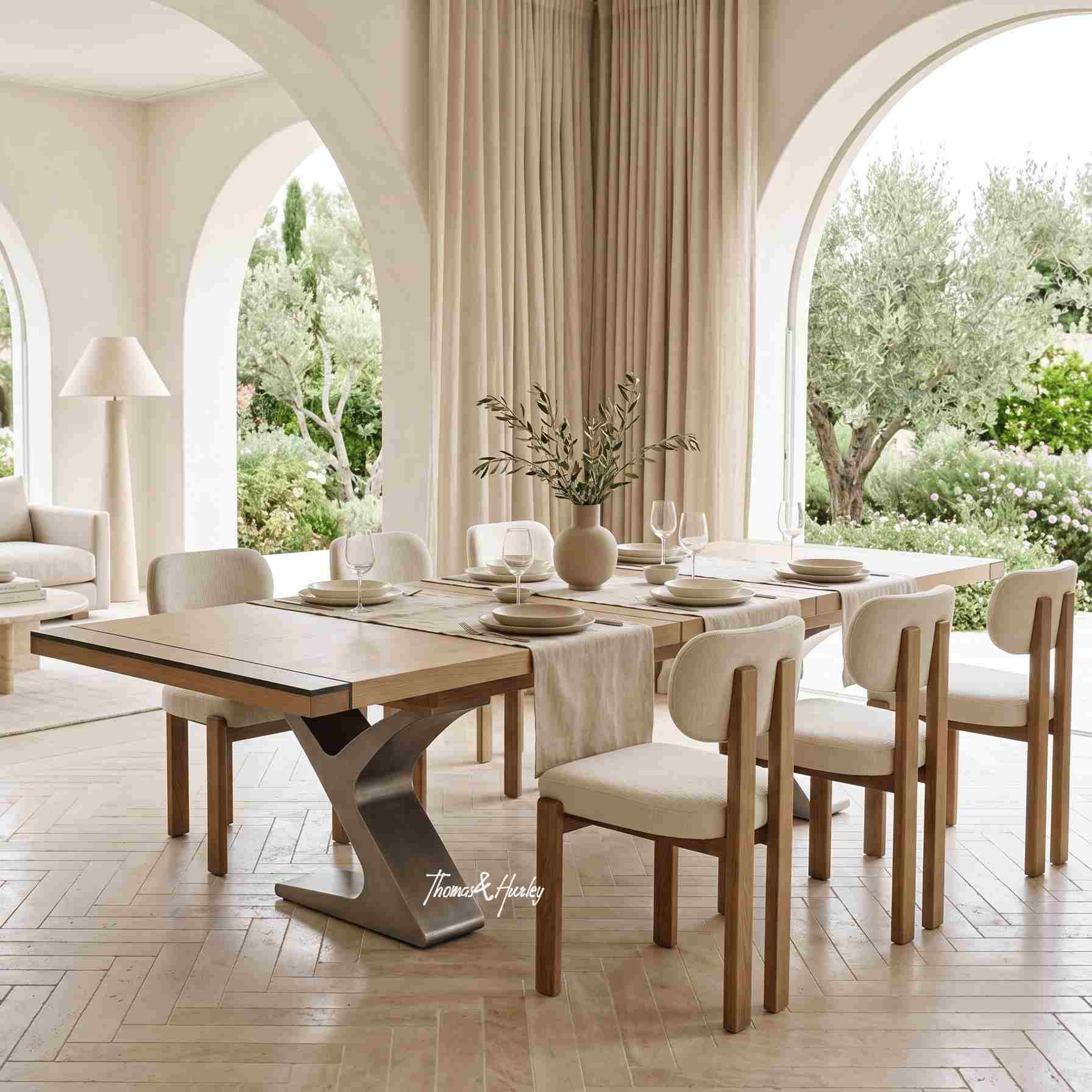 Quinn Double Extension Metal Base Dining Table with Stuttgart Dining Chairs