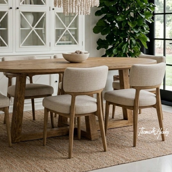 Royston Dining Chair Styling Inspiration in Contemporary Australian Dining Room The Royston Dining Chair brings softness and sophistication to contemporary dining spaces through its curved silhouette, natural timber frame, and textured upholstery. Styled within a light filled Australian interior, the chair reflects the growing movement towards warm minimalist and timeless dining room design.