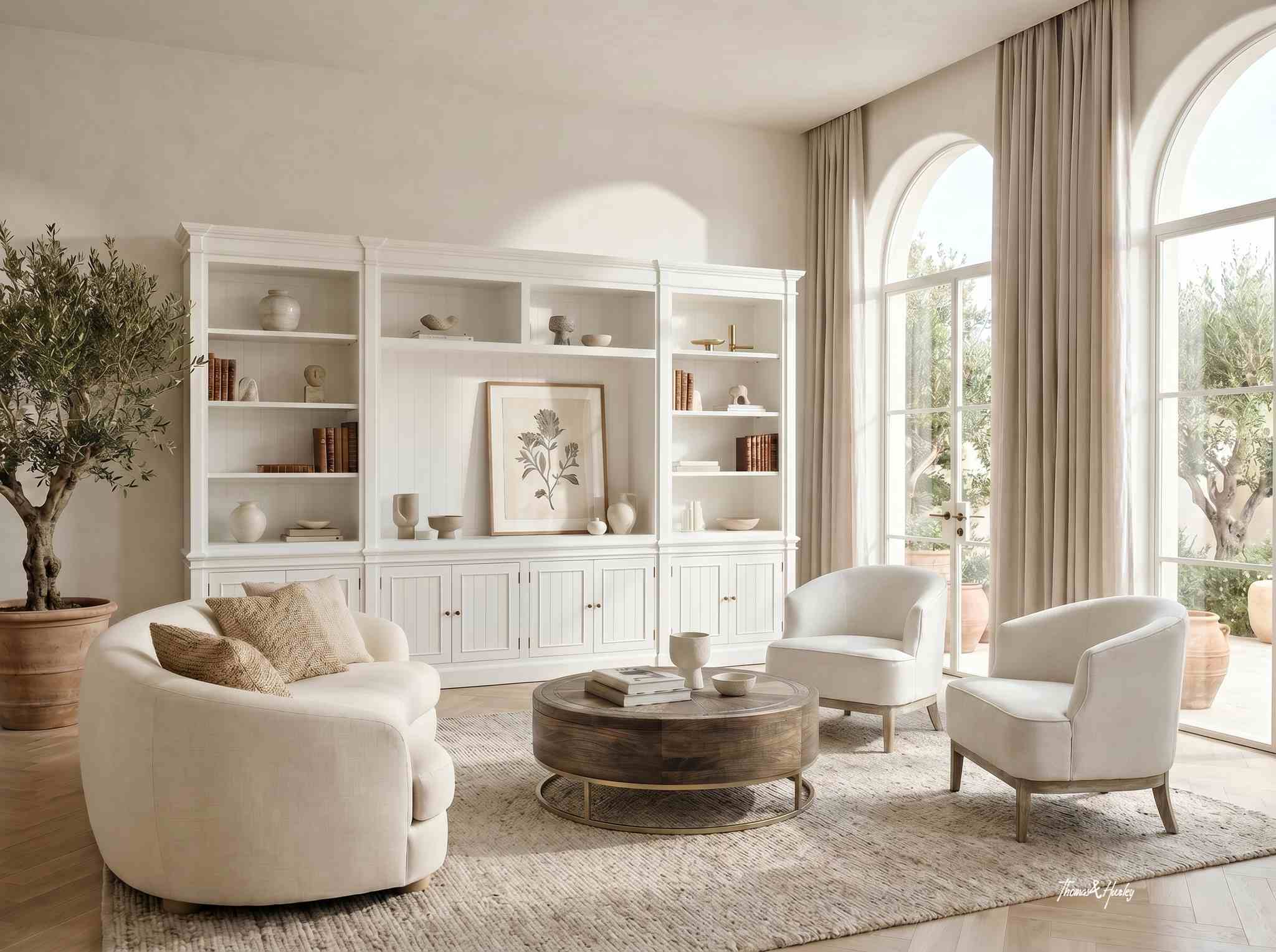 Stonefield Bookcase Wall Unit 387cm styled with the Darcy Round Oak Parquetry Coffee Table and Honor Occasional Tub Chairs