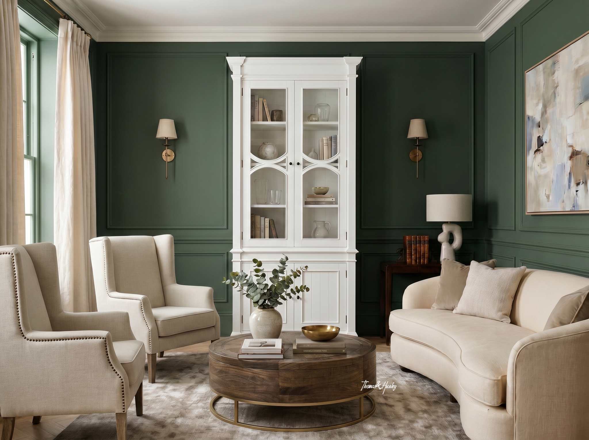Putting it all together to create a calm, quiet space Styled luxurious calm living room featuring a Hamptons style bookcase display unit, cream upholstered armchairs, and a round oak parquetry coffee table